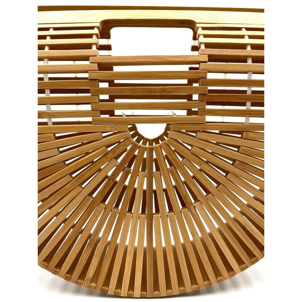 Vintage Bamboo Ark Bag Half Moon Slat Cage Purse Sunburst Boho 70s 80s